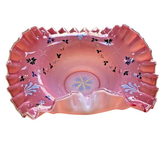 Victorian Brides Basket Bristol? Glass Cranberry Pink & White Bowl Enamel Design - Picture 6 of 10